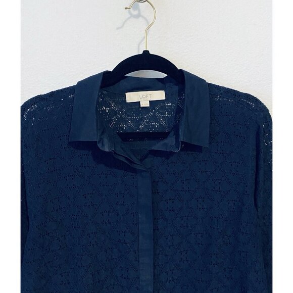 LOFT Top Womens XL Navy Blue Lace Button Up Long Sleeve Cottagecore Romantic - Picture 2 of 6